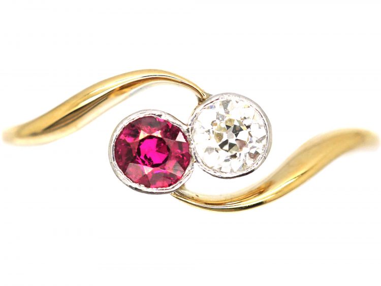 Art Nouveau 18ct Gold, Ruby & Diamond Crossover Ring
