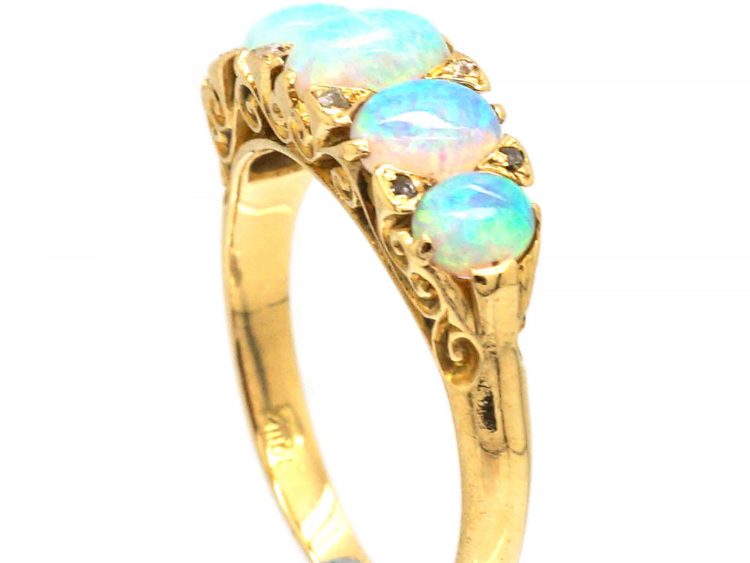 Edwardian 18ct Gold, Carved Half Hoop Five Stone Opal & Rose Diamond Ring