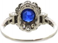 Art Deco 14ct White Gold, Sapphire & Diamond Cluster Ring with Diamond Set Shoulders