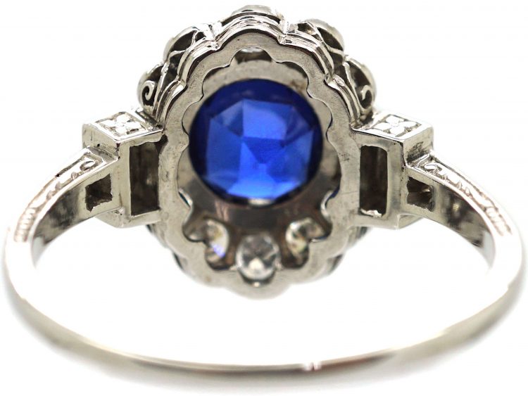 Art Deco 14ct White Gold, Sapphire & Diamond Cluster Ring with Diamond Set Shoulders