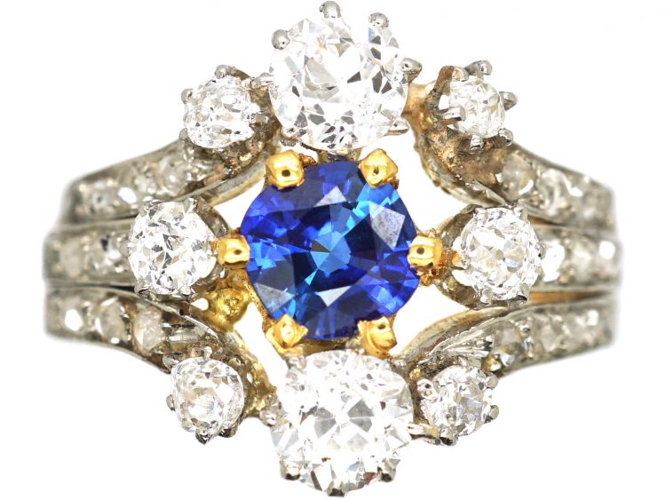 French Belle Epoque 18ct Gold & Platinum, Sapphire & Diamond Ring