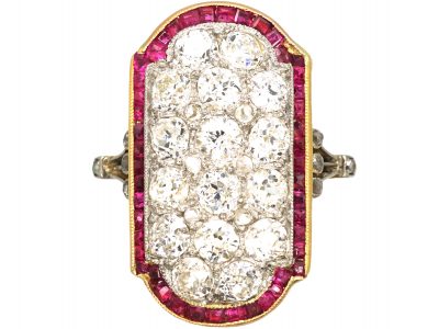 Art Deco 18ct Gold & Platinum, Ruby & Diamond Plaque Ring