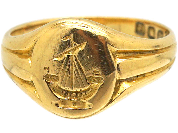 Edwardian 18ct Gold Signet Ring with Intaglio of a Galleon