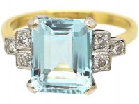 18ct Gold, Rectangular Cut Aquamarine & Diamond Ring