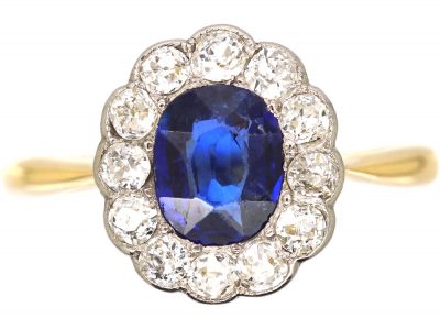 Edwardian 18ct Gold & Platinum, Sapphire & Diamond Cluster Ring