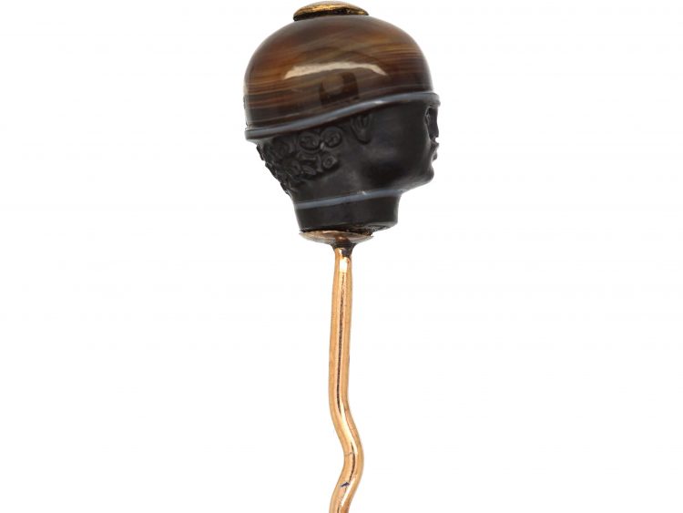 Victorian Carved Banded Onyx Tie Pin of a Man's Head