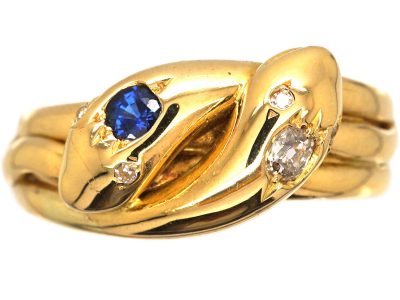 Edwardian 18ct Gold Double Snake Ring set with Diamonds & a Sapphire