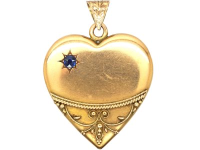 Edwardian Large 15ct Gold Heart Shaped Pendant set with a Sapphire