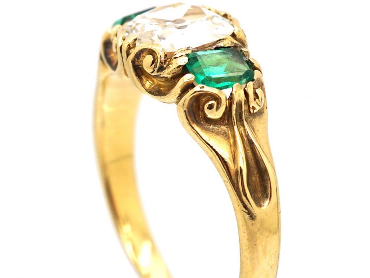 William IV 18ct Gold, Old Mine Cut Diamond & Emerald Three Stone Ring
