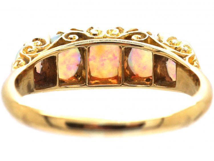 Edwardian 18ct Gold, Carved Half Hoop Five Stone Opal & Rose Diamond Ring
