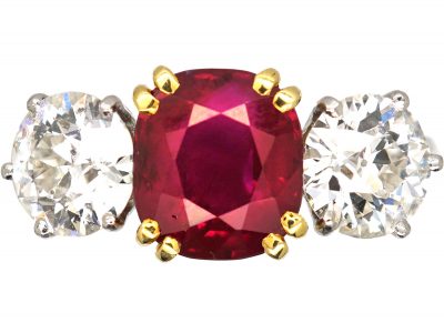 Retro 18ct White & Yellow Gold, Ruby & Diamond Three Stone Ring