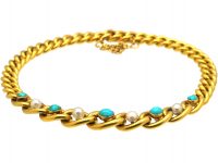 French Belle Epoque 18ct Gold Curb Bracelet set with Turquoise & Natural Pearls
