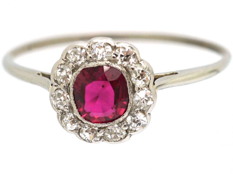 Edwardian Platinum, Ruby & Diamond Cluster Ring
