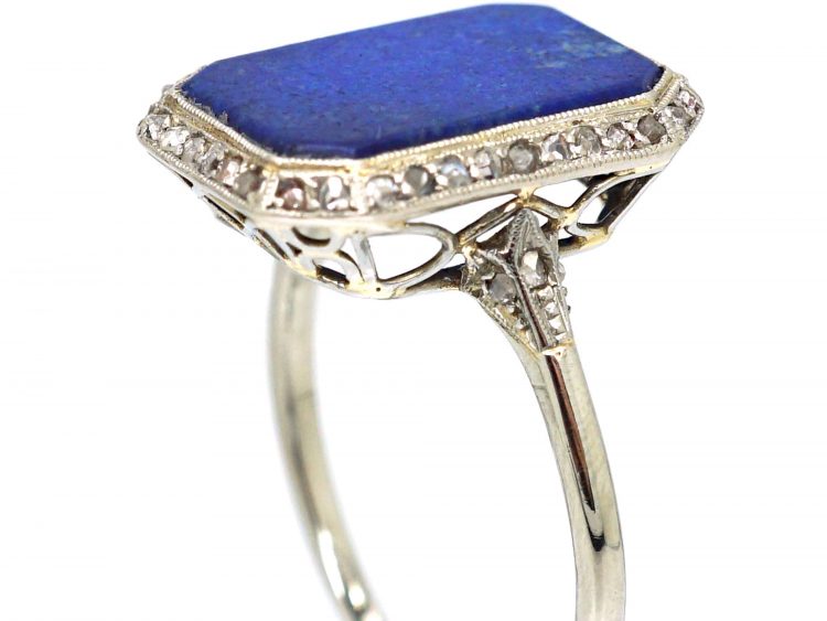 Art Deco Platinum, Lapis Lazuli & Rose Diamond Ring