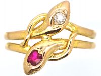 Edwardian 18ct Gold Double Snake Ring set with a Ruby & Diamond