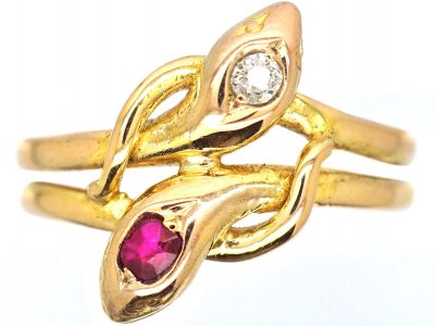 Edwardian 18ct Gold Double Snake Ring set with a Ruby & Diamond