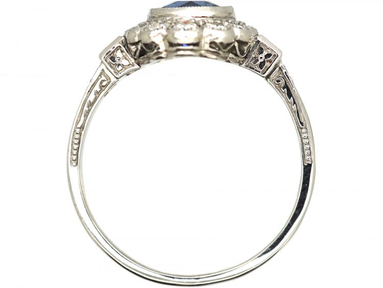 Art Deco 14ct White Gold, Sapphire & Diamond Cluster Ring with Diamond Set Shoulders