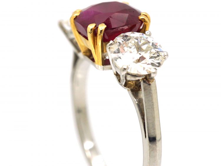 Retro 18ct White & Yellow Gold, Ruby & Diamond Three Stone Ring