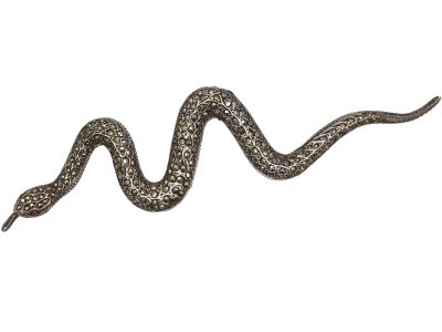 Mid 20th Century Silver & Marcasite Large Snake Brooch