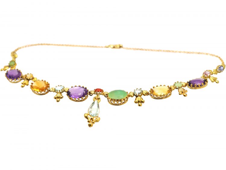 French 19th Century 18ct Gold Harlequin Necklace set with Various Gem Stones