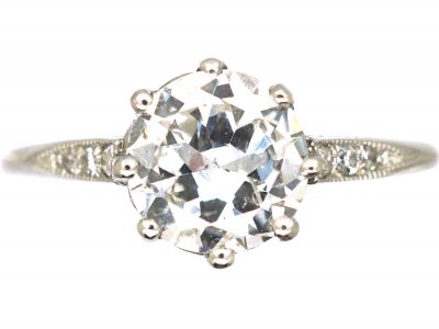 Art Deco Platinum, Diamond Solitaire Ring with Diamond Set Shoulders