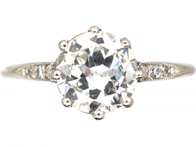 Art Deco Platinum, Diamond Solitaire Ring with Diamond Set Shoulders