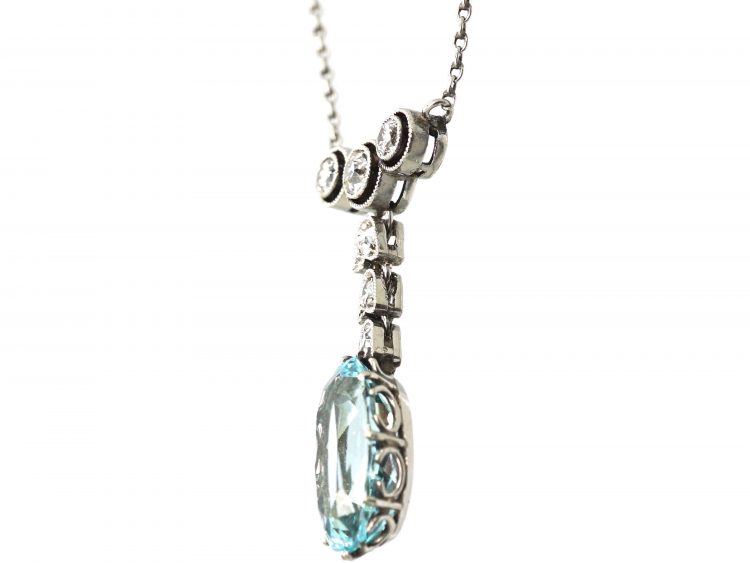 Art Deco Platinum, Aquamarine & Diamond Pendant on Platinum Chain