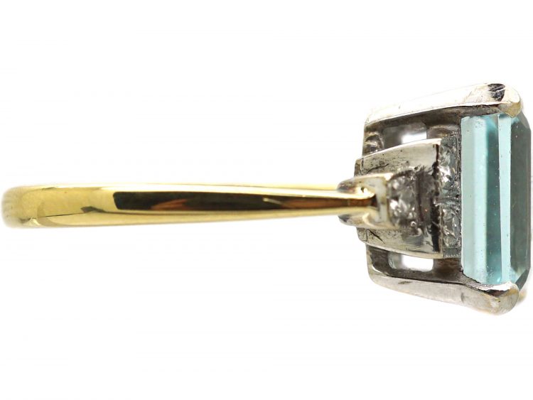 18ct Gold, Rectangular Cut Aquamarine & Diamond Ring
