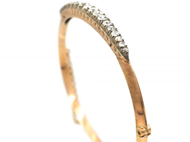 Edwardian 15ct Gold Bangle set with Graduated Old Mine Cut Diamonds