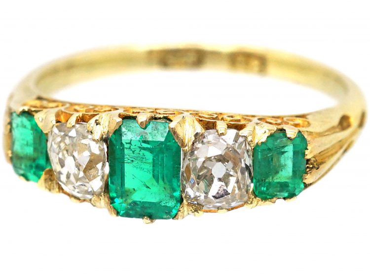 Victorian 18ct Gold, Five Stone Emerald & Diamond Carved Half Hoop Ring