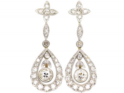 Art Deco 15ct Gold, Platinum & Diamond Drop Earrings