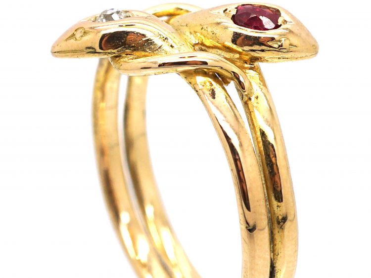Edwardian 18ct Gold Double Snake Ring set with a Ruby & Diamond