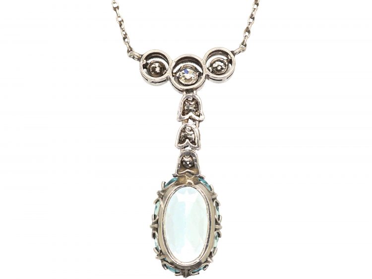 Art Deco Platinum, Aquamarine & Diamond Pendant on Platinum Chain