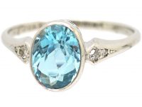 Art Deco Platinum Aquamarine Ring with Diamond Set Shoulders