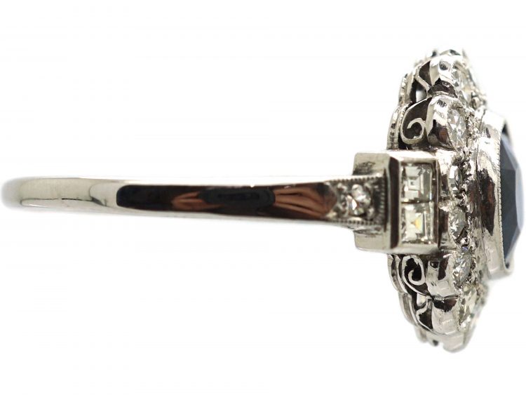 Art Deco 14ct White Gold, Sapphire & Diamond Cluster Ring with Diamond Set Shoulders