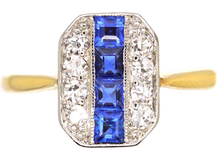 Art Deco 18ct Gold & Platinum, Sapphire & Diamond Octagonal Shaped Ring