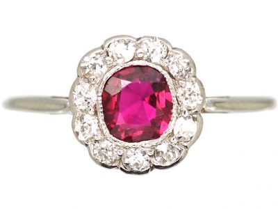 Edwardian Platinum, Ruby & Diamond Cluster Ring
