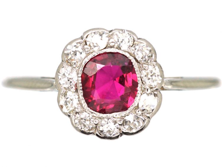 Edwardian Platinum, Ruby & Diamond Cluster Ring