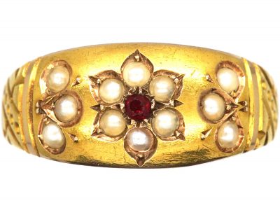 Victorian 15ct Gold, Ruby & Natural Split Pearl Flower Ring