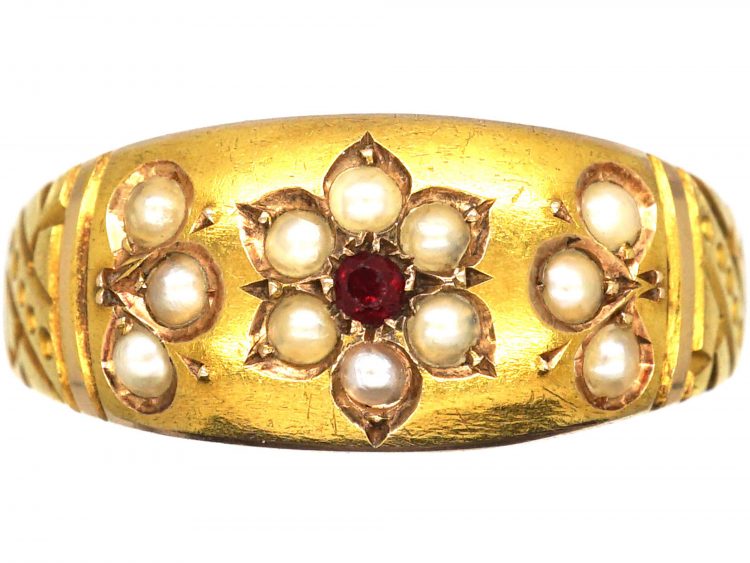 Victorian 15ct Gold, Ruby & Natural Split Pearl Flower Ring