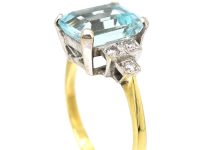 18ct Gold, Rectangular Cut Aquamarine & Diamond Ring