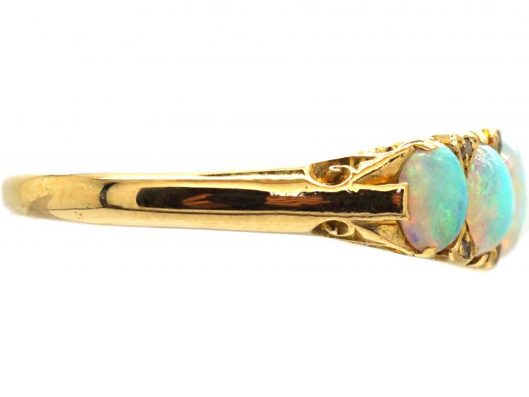 Edwardian 18ct Gold, Carved Half Hoop Five Stone Opal & Rose Diamond Ring
