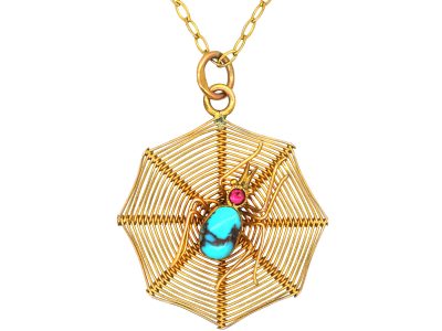 Edwardian 9ct Gold Pendant of a Spider in it's Web on a 9ct Gold Chain