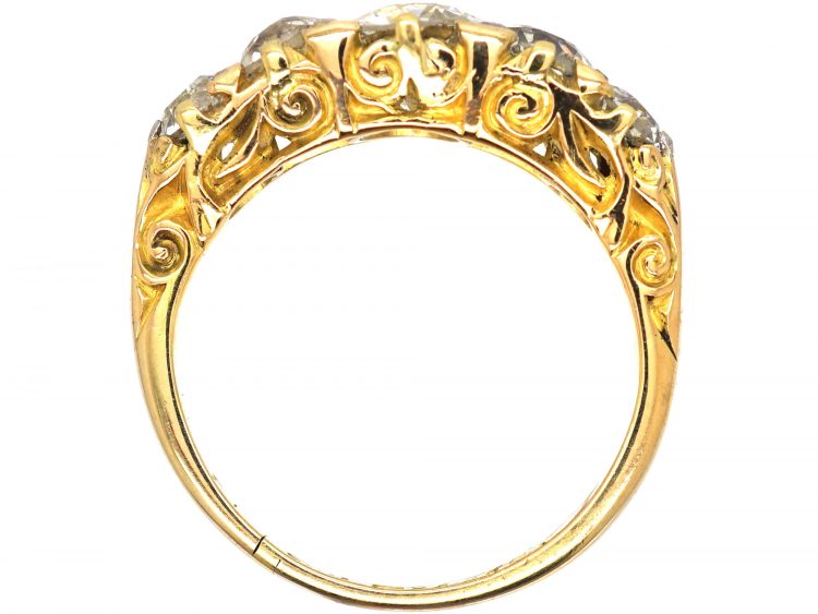 Victorian 18ct Gold, Five Stone Diamond Carved Half Hoop Ring