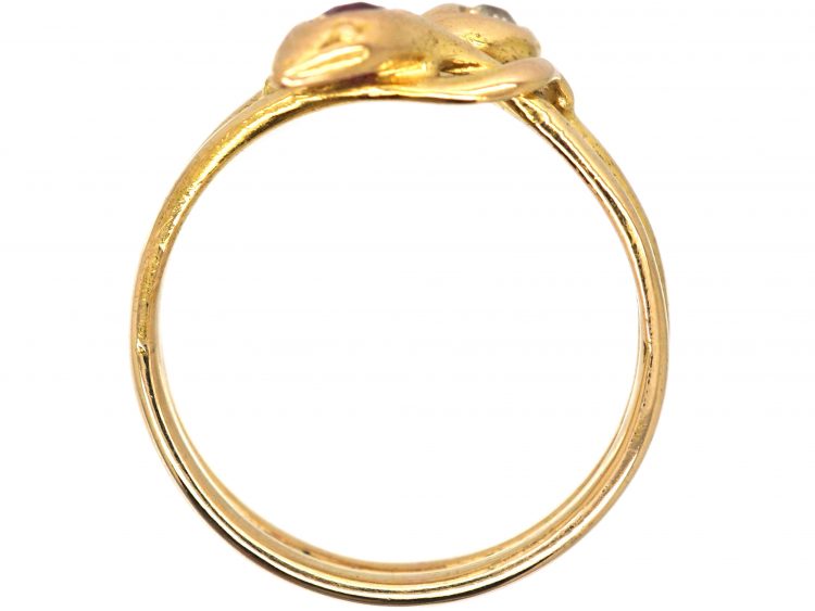 Edwardian 18ct Gold Double Snake Ring set with a Ruby & Diamond