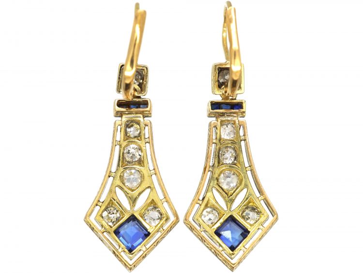 Art Deco Sapphire & Diamond Drop Earrings