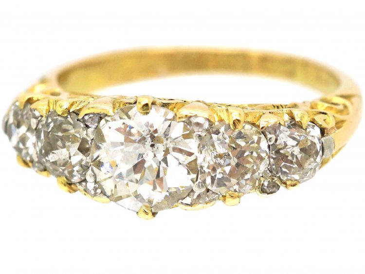 Victorian 18ct Gold, Five Stone Diamond Carved Half Hoop Ring