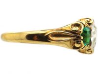 William IV 18ct Gold, Old Mine Cut Diamond & Emerald Three Stone Ring
