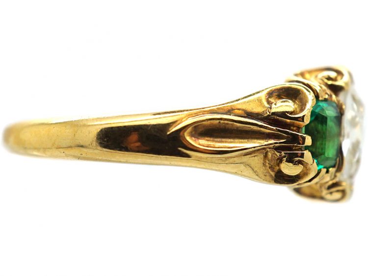 William IV 18ct Gold, Old Mine Cut Diamond & Emerald Three Stone Ring
