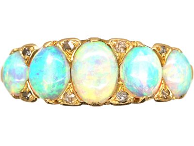 Edwardian 18ct Gold, Carved Half Hoop Five Stone Opal & Rose Diamond Ring